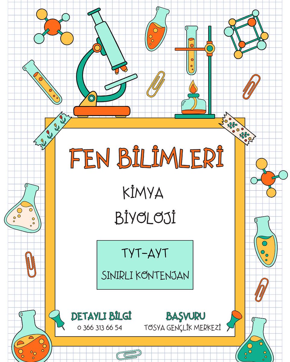 “Bilimle tanış, dünyayı farklı gör!”

 Kimya-Biyoloji kursumuz için kayıtlar Gençlik Merkezine!💜

#TosyaGençlikMerkezi