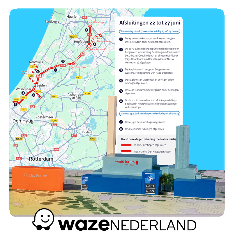 Niet vergeten! Vanaf vandaag gaat er veel dicht in het westen van het land vanwege de #NAVO top in Den Haag #DenHaag. Houd rekening met veel vertraging en alternatieve routes. Zoals altijd (al is het lastig de komende week), #wazeweetdeweg #maarwelheeldruk