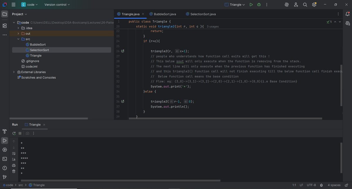 Kushal_Koradia's tweet photo. ✅ Lecture 29/69 of @kunalstwt’s DSA Bootcamp
Recursion: Patterns + Sorting 🔁
• Triangle Pattern Qs
• Recursive Bubble Sort
• Recursive Selection Sort 🎯
• Clean logic + dry runs ✅
#100DaysOfDSA #Recursion #Java
#DSAWithKunal #KunalKushwaha #Coding #SortingAlgorithms https://t.co/5G9IKRuSyJ