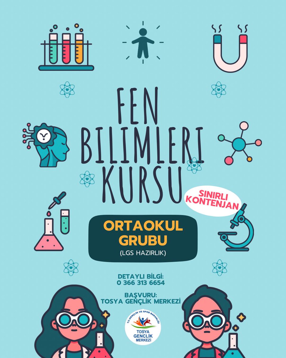 “Merakın varsa, bilimle yolun açık!
Fen Bilgisi dersine katıl, geleceği yakala.”

Kursumuza kayıt için Gençlik Merkezine gelebilirsiniz.🌸

#TosyaGençlikMerkezi