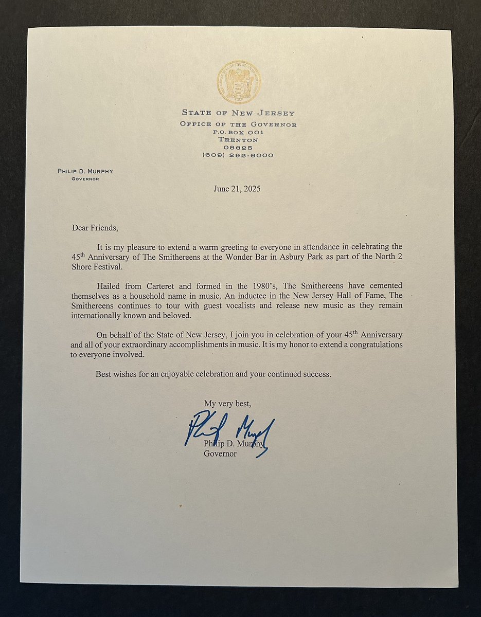 Smithereens Official Band Page (@smithereenshq) on Twitter photo Thank you to Governor Phil Murphy New Jersey for his congratulatory letter on The <a href="/SmithereensHQ/">Smithereens Official Band Page</a> 45th anniversary as a band!
We’ll see everyone at our sold out show at the Wonder Bar in Asbury Park, NJ, tonight, part of the <a href="/NorthtoShore/">North2Shore</a> Festival! Thank you to Governor Phil Murphy New Jersey for his congratulatory letter on The <a href="/SmithereensHQ/">Smithereens Official Band Page</a> 45th anniversary as a band!
We’ll see everyone at our sold out show at the Wonder Bar in Asbury Park, NJ, tonight, part of the <a href="/NorthtoShore/">North2Shore</a> Festival!