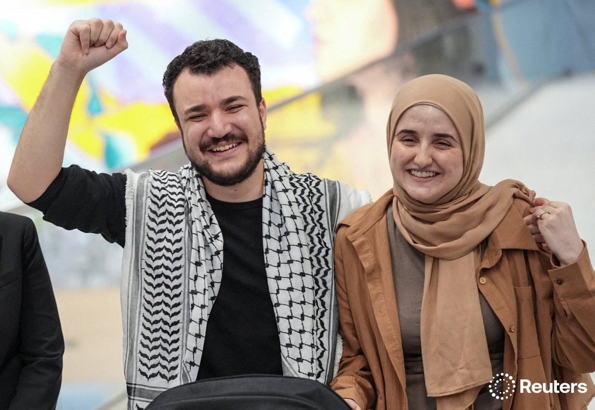 corinne_perkins's tweet image. Columbia University graduate student Mahmoud Khalil and his wife Dr. Noor Abdalla react at Newark airport, a day after being released from immigration custody, in Newark, New Jersey. Photo by Angelina Katsanis