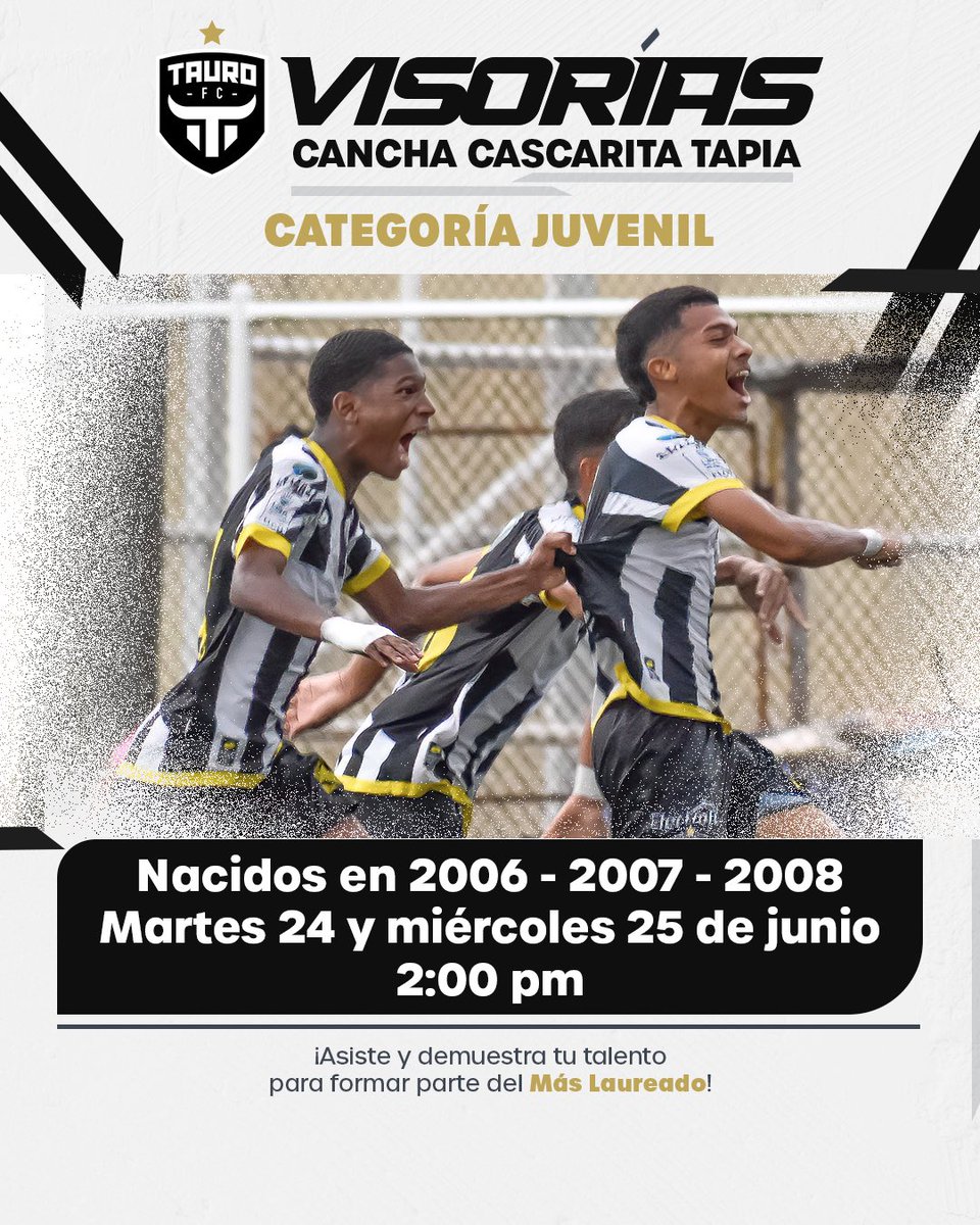 🚨 ¡ATENCIÓN | ¿Les gustaría formar parte del Tauro FC? Acércate a las visorias y demuestra tu talento 🖤⚽🔥.

¡TE ESPERAMOS ✨🔥⚽!