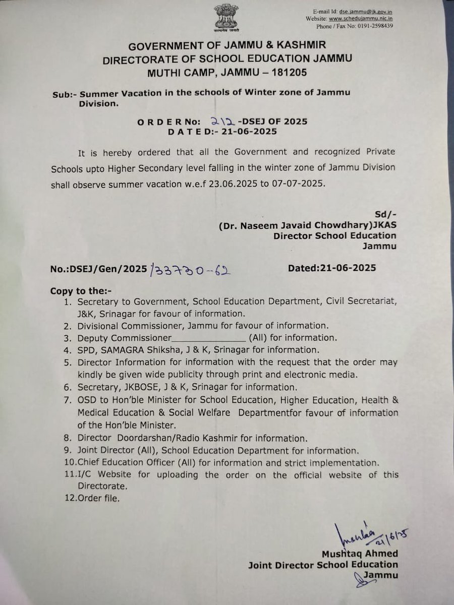 Summer Break in Winter Zone of Jammu Division