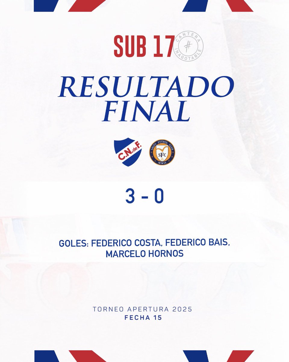 Final del partido en Sub17.

✅ Victoria 3 - 0 🆚 Salto F.C.

#CanteraInagotable
#ElClubGigante 🔵⚪️🔴