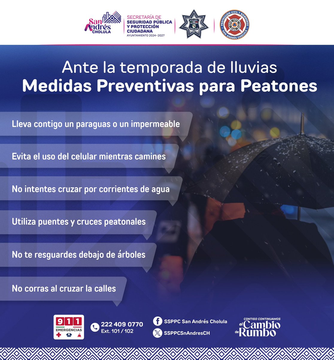 🌧️ Este fin de semana se esperan lluvias constantes en #SanAndrésCholula.

🛑 Si vas a caminar por la vía pública, toma en cuenta estas recomendaciones para cuidarte 🚶‍♀️🚶‍♂️.

Consulta la infografía y compártela👇.

#ContigoConstruimosSeguridad🤝🏻