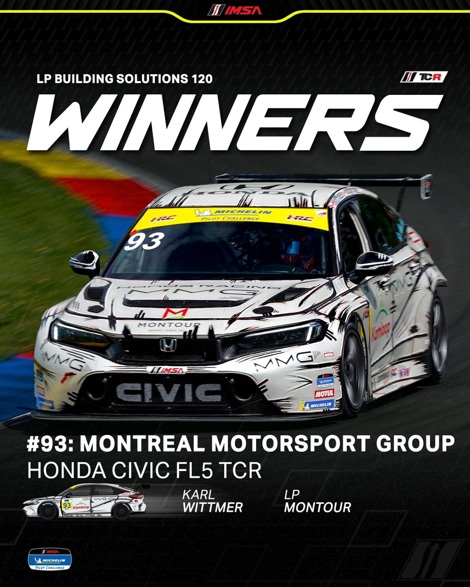 IMSA's tweet photo. Congratulations to the #93 Montreal Motorsport Group, Honda Civic FL5 TCR Team on Winning the 2025 LP Building Solutions 120 at Watkins Glen International in the TCR Class! 🏆

@MTLMtrsprtGrp | @HondaRacing_US https://t.co/Viyb8MOZDu