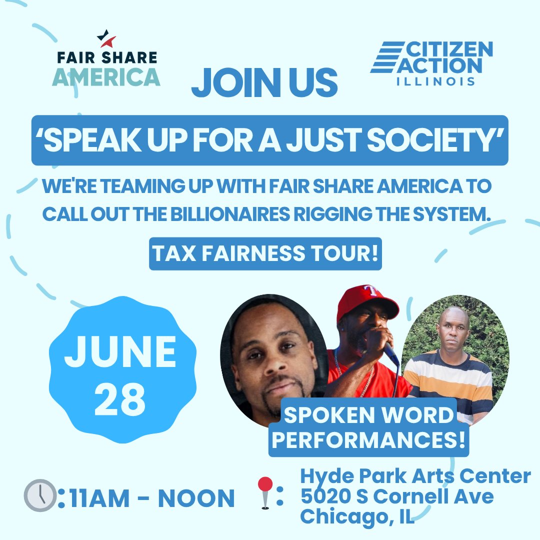 CitizenActionIL's tweet image. Saturday, June 28th, Fair Share America will bring the “Stop the Billionaire Giveaway” national bus tour to Chicago to highlight the devastating impact of the GOP’s budget and tax proposal on Illinois’ families, communities and economy!

Sign up here: mobilize.us/citizenactioni…