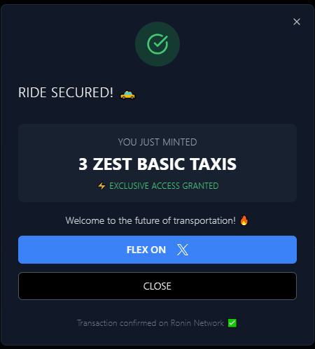 Just secured 3 ZEST BASIC TAXIS from <a href="/Zest_Ronin/">Zestcoin.ron</a>! 🚕⚡

The GTD way to get exclusive rides. Don't sleep on this! 🔥

Get yours: presale.orangez.io

#ZestTaxi #RoninNetwork #Web3