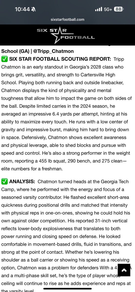 Tripp Chatmon (@tripp_chatmon) on Twitter photo Thank you <a href="/sixstarfootball/">Six Star Football | PLUS+</a> for the article from <a href="/GeorgiaTechFB/">Georgia Tech Football</a> camp. <a href="/coach_norv/">Norval McKenzie</a> <a href="/GeepWade/">Geep Wade</a> <a href="/CoachHJSimpson/">Jess Simpson</a> <a href="/JFLOWER_5/">Josh Flowers</a> <a href="/coachemupchat/">Coach Chatmon</a> <a href="/CoachRod_McD/">Rod McDowell</a> <a href="/CoachJCrawford/">Josh Crawford</a> <a href="/Enrique__Davis/">Coach Enrique Davis</a> <a href="/CoachA_ECU/">Josh Aldridge</a> <a href="/DerrickDnix/">Coach Derrick Nix</a> <a href="/CJSPILLER/">CJ SPILLER</a> <a href="/CartersvilleFB/">Cartersville FB Recruiting</a> <a href="/247recruiting/">247Sports Recruiting</a> <a href="/bsa28_/">Beckwith Sports Academy</a> Thank you <a href="/sixstarfootball/">Six Star Football | PLUS+</a> for the article from <a href="/GeorgiaTechFB/">Georgia Tech Football</a> camp. <a href="/coach_norv/">Norval McKenzie</a> <a href="/GeepWade/">Geep Wade</a> <a href="/CoachHJSimpson/">Jess Simpson</a> <a href="/JFLOWER_5/">Josh Flowers</a> <a href="/coachemupchat/">Coach Chatmon</a> <a href="/CoachRod_McD/">Rod McDowell</a> <a href="/CoachJCrawford/">Josh Crawford</a> <a href="/Enrique__Davis/">Coach Enrique Davis</a> <a href="/CoachA_ECU/">Josh Aldridge</a> <a href="/DerrickDnix/">Coach Derrick Nix</a> <a href="/CJSPILLER/">CJ SPILLER</a> <a href="/CartersvilleFB/">Cartersville FB Recruiting</a> <a href="/247recruiting/">247Sports Recruiting</a> <a href="/bsa28_/">Beckwith Sports Academy</a>