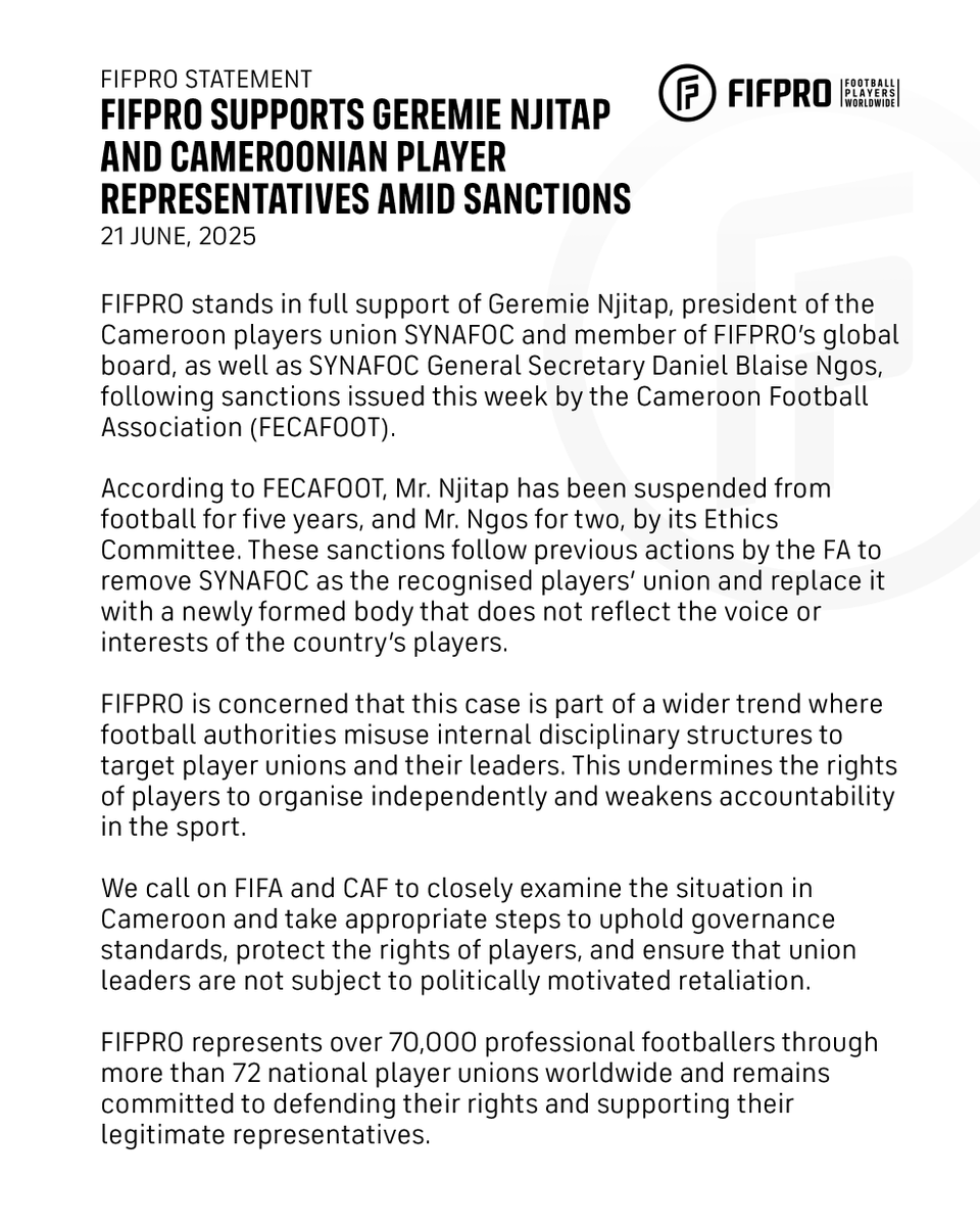 #FIFPRO fully supports the leaders of Cameroon’s player union SYNAFOC, Geremie Njitap and Daniel Blaise Ngos, following sanctions from the country's FA (FECAFOOT).

#SolidaritéSYNAFOC