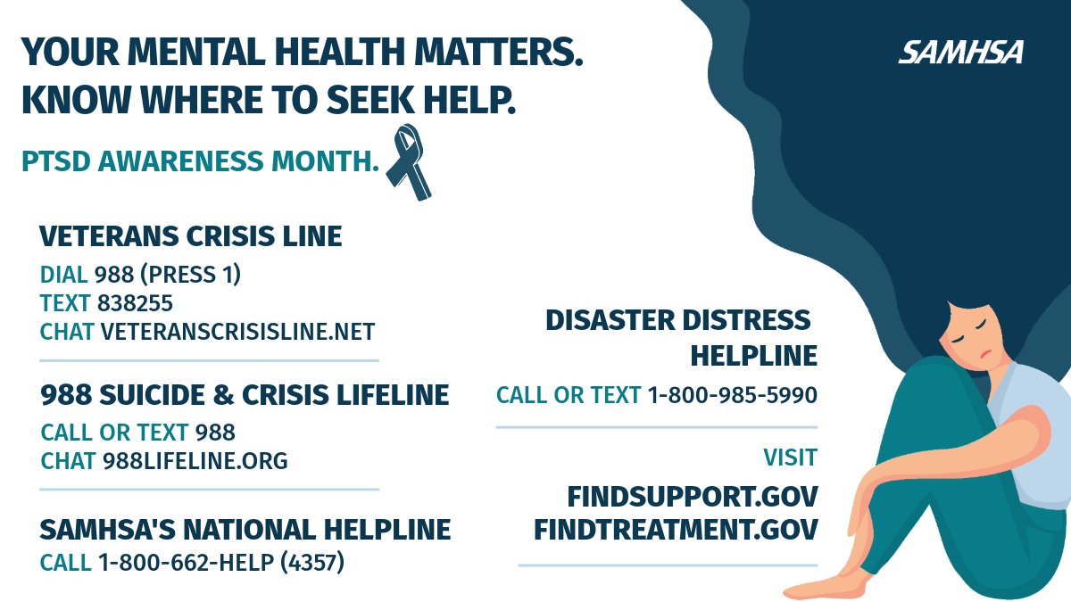 #PTSDAwarenessMonth — many can experience emotional distress, like anxiety, constant worrying &amp; trouble sleeping, after a traumatic event. If you or someone you know is struggling with #PTSD, help is available. 

💙 Help yourself &amp; share to help others samhsa.gov/find-help