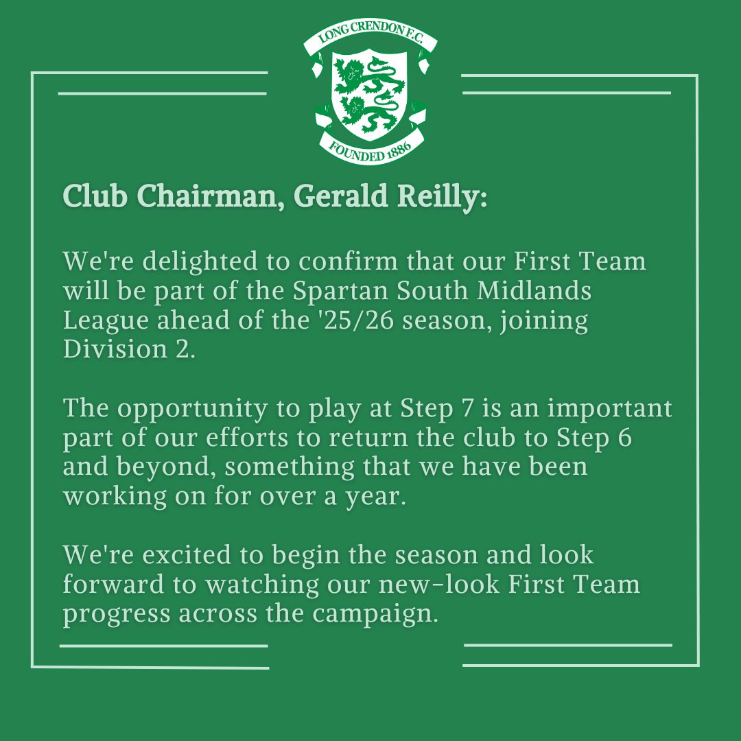 🚨 League Change 🏠️

We're pleased to confirm our return to the Spartan South Midlands Football League, with our First Team playing in Division 2 this season. Our Development Team continues in the Oxford Senior League.

Gerald Reilly, Club Chairman, gave us his thoughts 💚