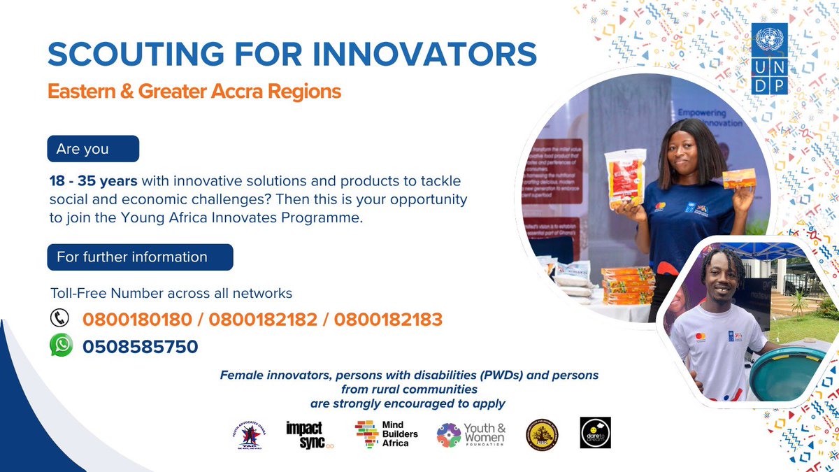 UNDP Ghana (@undpghana) on Twitter photo Are you a young innovator with bold, innovative solutions and products to tackle social and economic challenges in your community?
We’ve got exciting news for you!
The Young Africa Innovates programme, supported by the <a href="/MastercardFdn/">Mastercard Foundation</a>, has now landed in the Greater Accra and Are you a young innovator with bold, innovative solutions and products to tackle social and economic challenges in your community?
We’ve got exciting news for you!
The Young Africa Innovates programme, supported by the <a href="/MastercardFdn/">Mastercard Foundation</a>, has now landed in the Greater Accra and