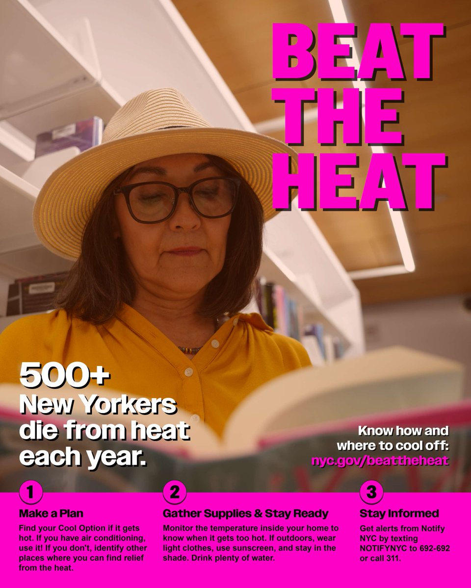🌡️ Extreme heat can be dangerous, especially for older adults and people with health conditions. Here's how you can stay safe when temps rise. Plan. Prepare. Stay informed. Stay hydrated. Stay cool. ❄️

Visit nyc.gov/beattheheat or call 311 to find cool options near you.