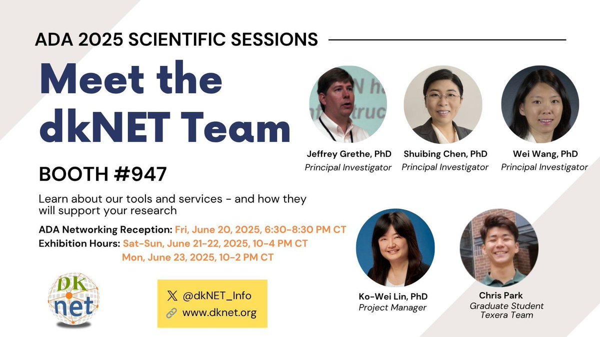 dkNET_Info's tweet image. Kicking off another great day at #ADASciSessions?
Stop by Booth #947, 10 AM – 4 PM to meet #dkNET (NIDDK Information Network) team!
💻 Check out our Computational Core demo featuring AI/ML tools to support your #diabetes research.
🔗 dknet.org/about/blog/2845