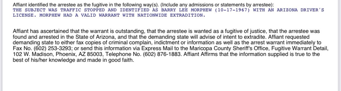 It has a Cave Creek, AZ address (that we had seen) listed as his home for the past two years. It says he was employed, and he DID have an AZ drivers license. I’ve seen some incorrect posts saying Morphew was arrested in Cave Creek. He was arrested in Gilbert by AZ DPS ⬇️⬇️⬇️