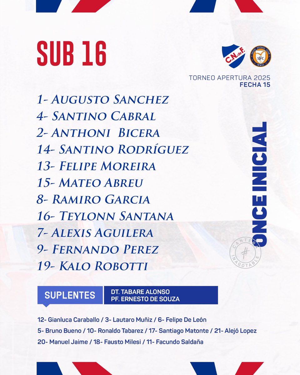 📋 Así juega Nacional 🆚️ Salto F.C. por la 15ª fecha del Torneo Apertura de Sub16.

#CanteraInagotable
#ElClubGigante 🔵⚪️🔴