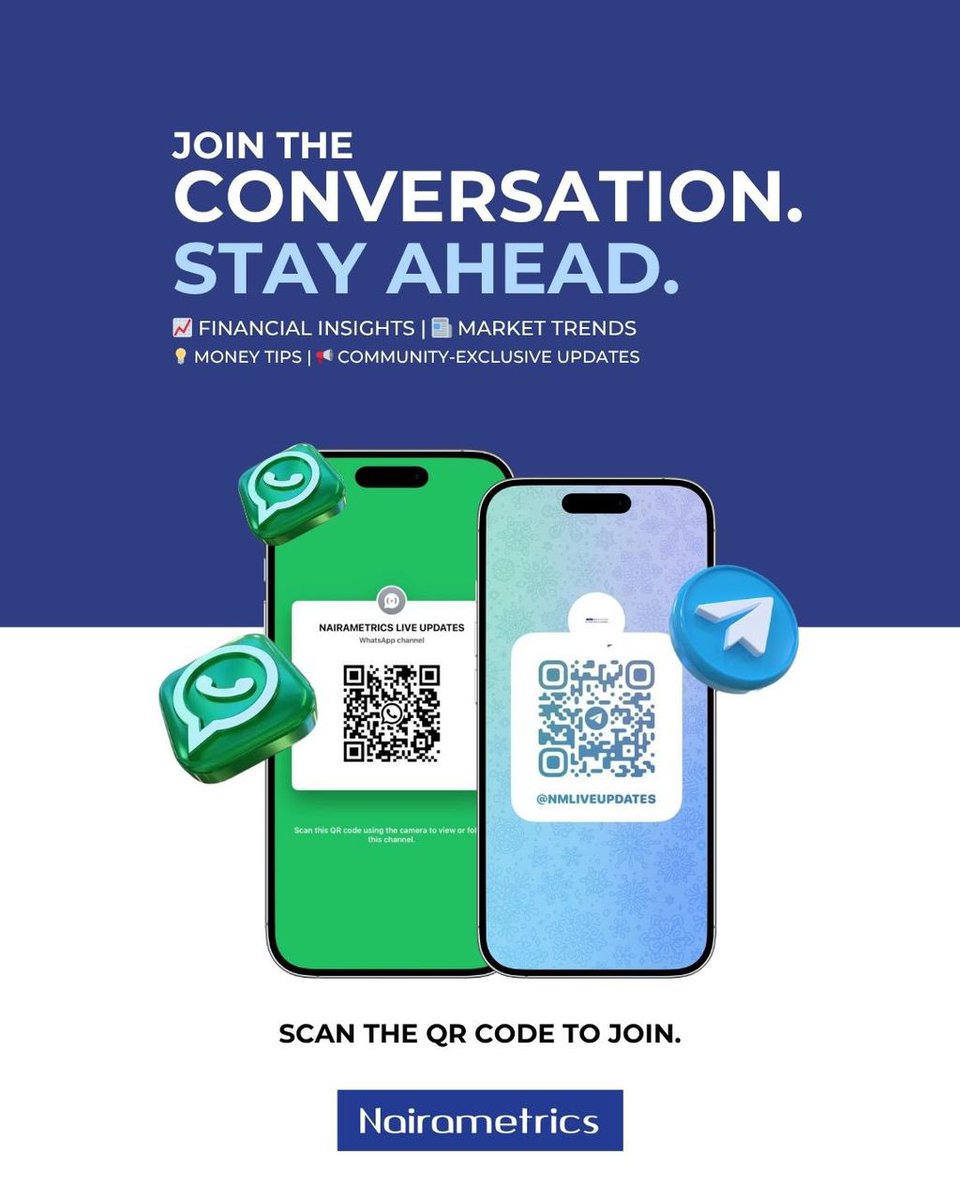 Hey you, scrolling 👀📱

If you’re all about staying sharp with your finances, catching the latest market trends, and never missing a money move; Then Nairametrics is where you need to be. 💡💸

No gatekeeping here. Just straight value.

📲 Scan the QR codes and join the