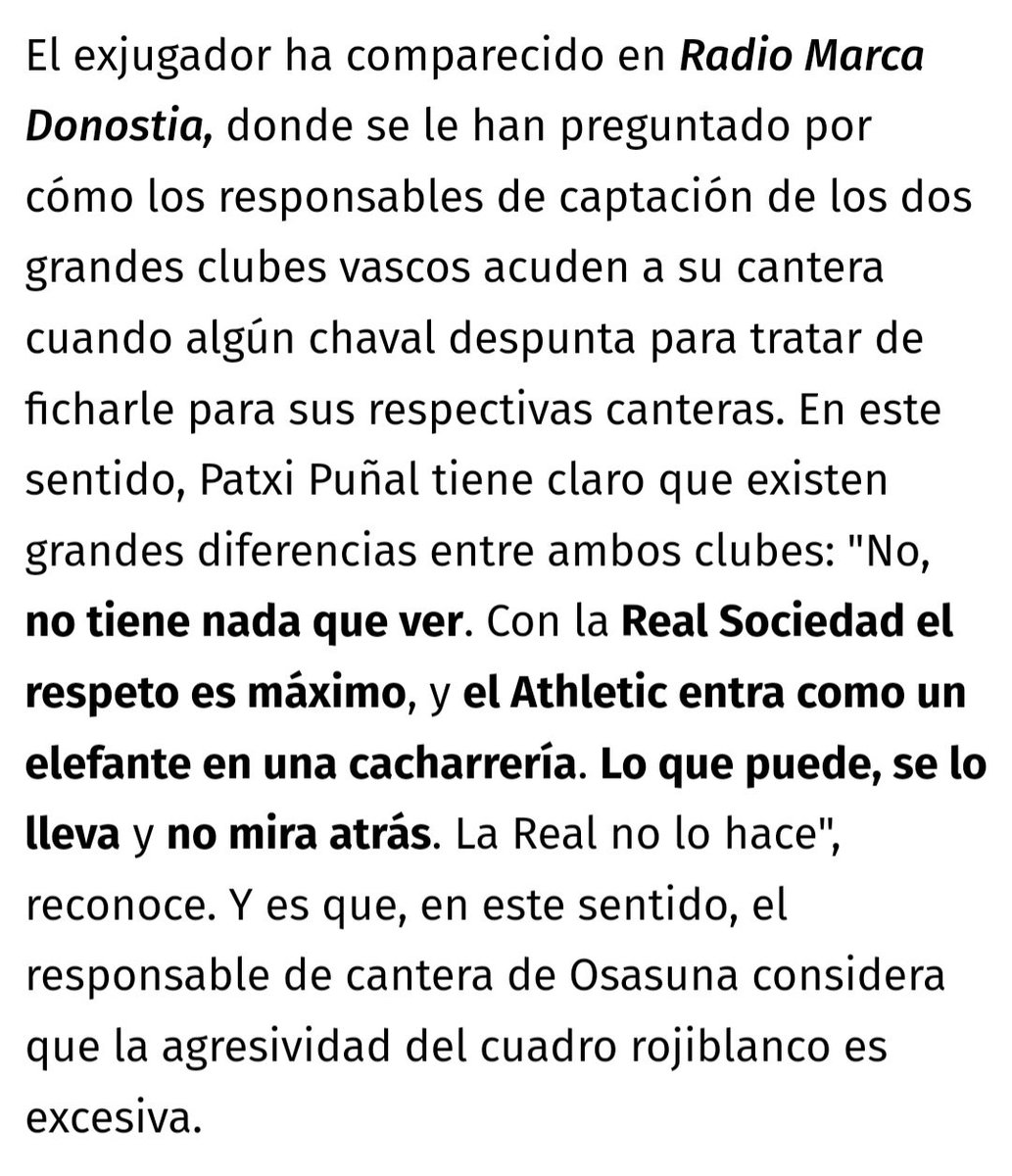 El Barça presionando durante un año por el fichaje de un jugador del Athletic de 22 años y a los del Athletic les parece inaceptable. Pero si ellos presionan desde pequeños a niños y todo su entorno de las canteras de otros clubes vascos, todo ok. Es maravillosa esa filosofía..🤭