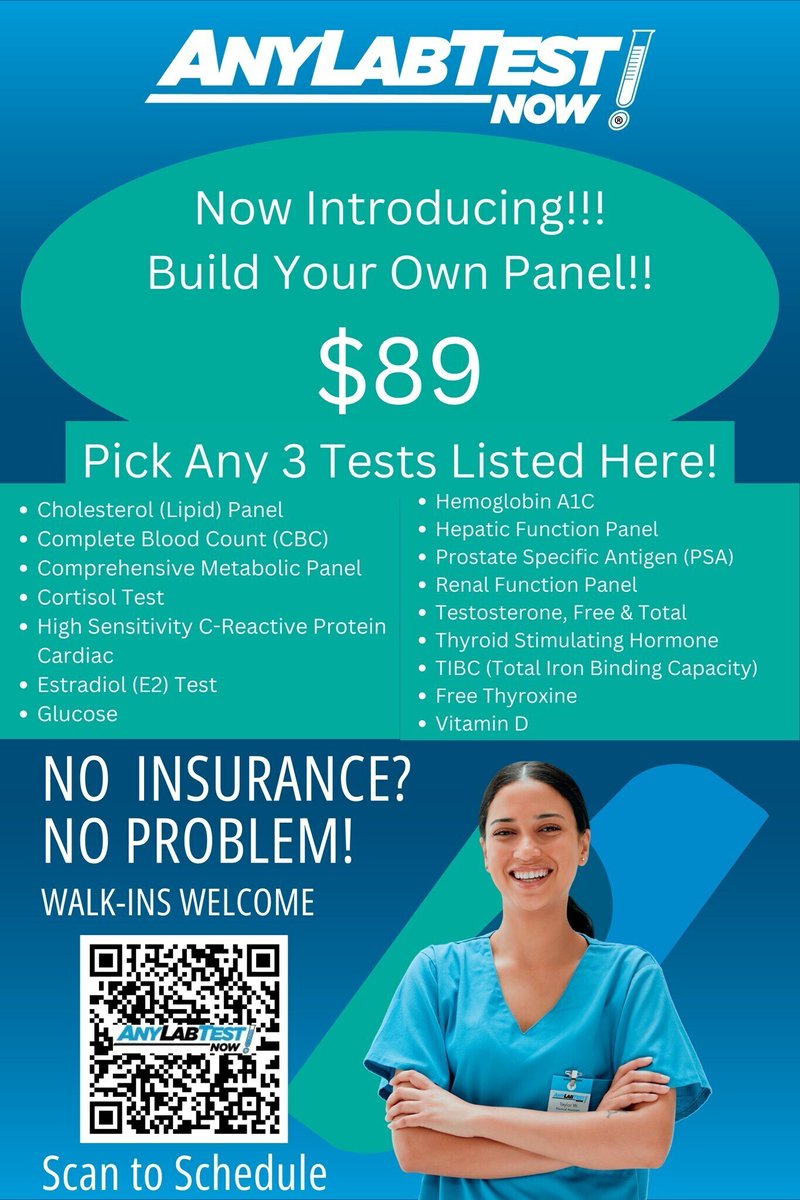 altn_az's tweet image. Check out our new Build Your Own Panel Options!
Pick Any 3 tests off the selected menu for just $89
*Cholesterol (Lipid) Panel
*Complete Blood Count (CBC)
*Comprehensive Metabolic Panel (CMP)
*Cortisol Test
*High Sensitivity C-Reactive... anylabtestnow.com/ppc/ahwatukee-…
#AnyLabTestNow