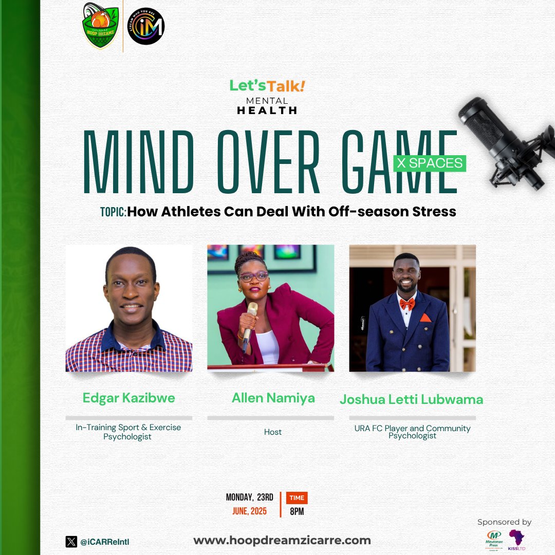 What happens when the season stops? Financial anxiety, isolation and many #MentalHealth Challenges🤦

Join the #MindOverGame X Space this Monday as Edgar Kazibwe and Joshua Lubwama discuss how athletes can deal with off-season stress 🧠🎙️

🔗x.com/i/spaces/1YqJD…
⏰ 8PM