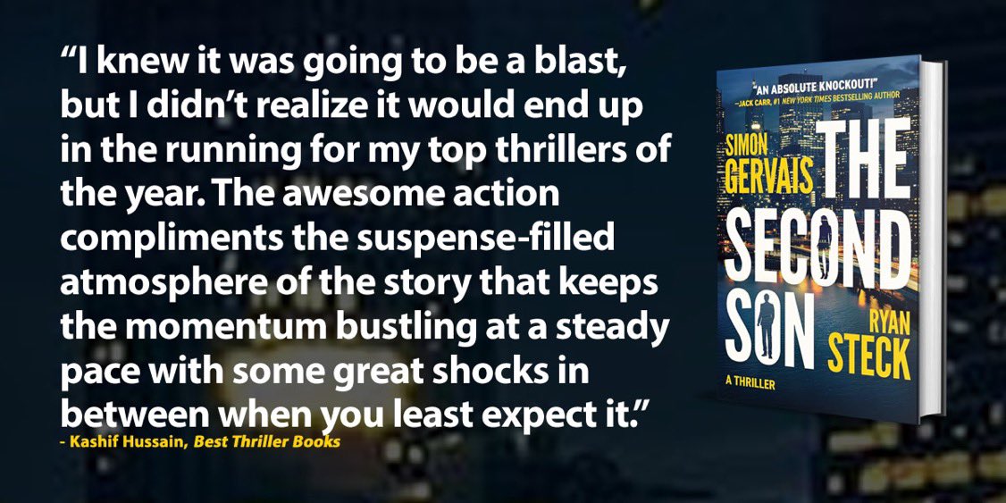 GervaisBooks's tweet image. Thank you to the team at @BestThrillBooks and to @kashif1307 for the terrific review of THE SECOND SON. My co-writer @RyanSteckAuthor and I couldn’t be more excited!! The book comes out November 11. #thrillerfest2025 #thriller #amreading