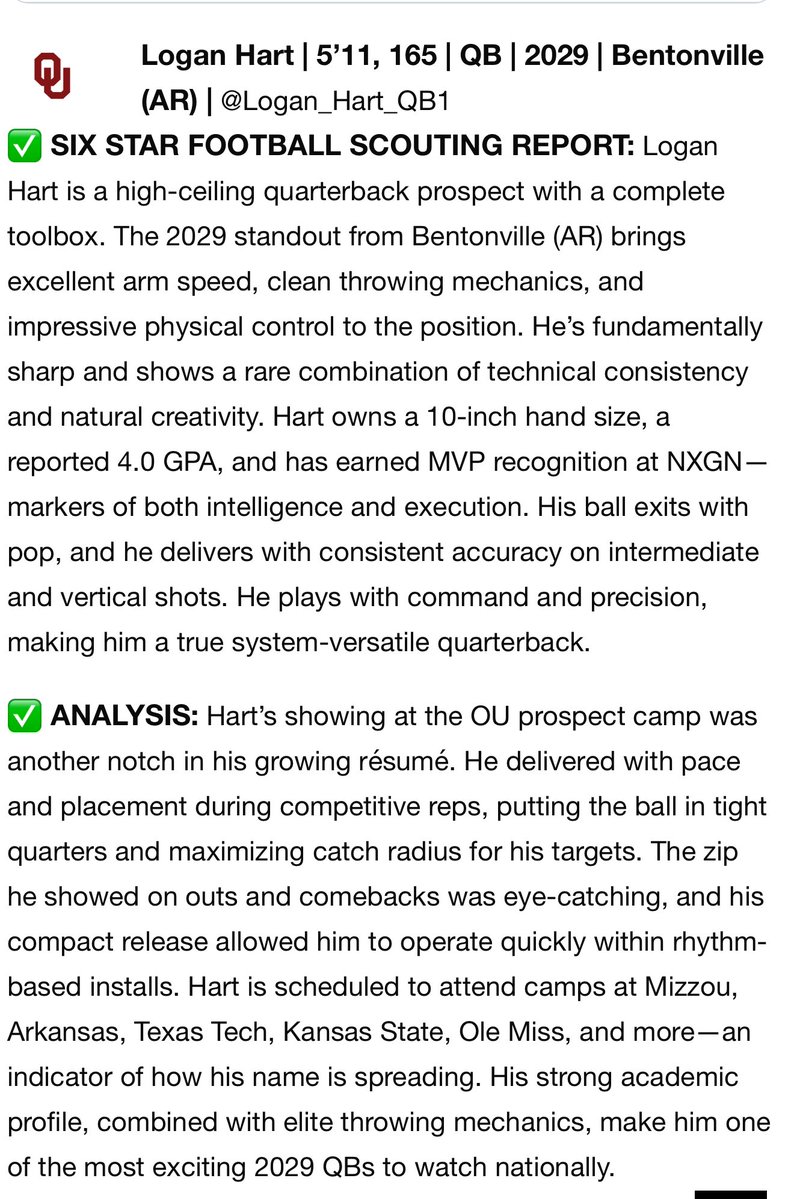 Logan Hart (@logan_hart_qb1) on Twitter photo Thankful for <a href="/sixstarfootball/">Six Star Football | PLUS+</a> for the write ups on my camp visits to <a href="/OU_Football/">Oklahoma Football</a> <a href="/arbuckle_ben/">Ben Arbuckle</a> <a href="/Coach_Kuz/">John Kuceyeski</a> & <a href="/RazorbackFB/">Arkansas Razorback Football</a> <a href="/CoachBPetrino/">Bobby Petrino</a> <a href="/CoachSamPittman/">Coach Sam Pittman</a>
<a href="/QBHitList/">QBHitList.com</a> Headed to <a href="/TexasTechFB/">Texas Tech Football</a> tonight to compete tomorrow. #GodsPlan Thankful for <a href="/sixstarfootball/">Six Star Football | PLUS+</a> for the write ups on my camp visits to <a href="/OU_Football/">Oklahoma Football</a> <a href="/arbuckle_ben/">Ben Arbuckle</a> <a href="/Coach_Kuz/">John Kuceyeski</a> & <a href="/RazorbackFB/">Arkansas Razorback Football</a> <a href="/CoachBPetrino/">Bobby Petrino</a> <a href="/CoachSamPittman/">Coach Sam Pittman</a>
<a href="/QBHitList/">QBHitList.com</a> Headed to <a href="/TexasTechFB/">Texas Tech Football</a> tonight to compete tomorrow. #GodsPlan