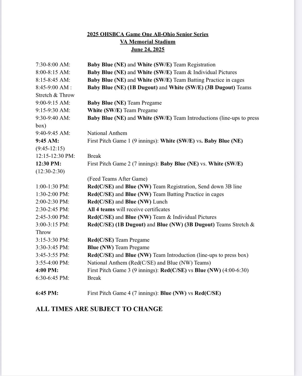 OHSBCA Game One All-Ohio Senior Series
V A Memorial Stadium, Chillicothe, OH
June 24, 2025. See some of the best seniors in the State of Ohio!