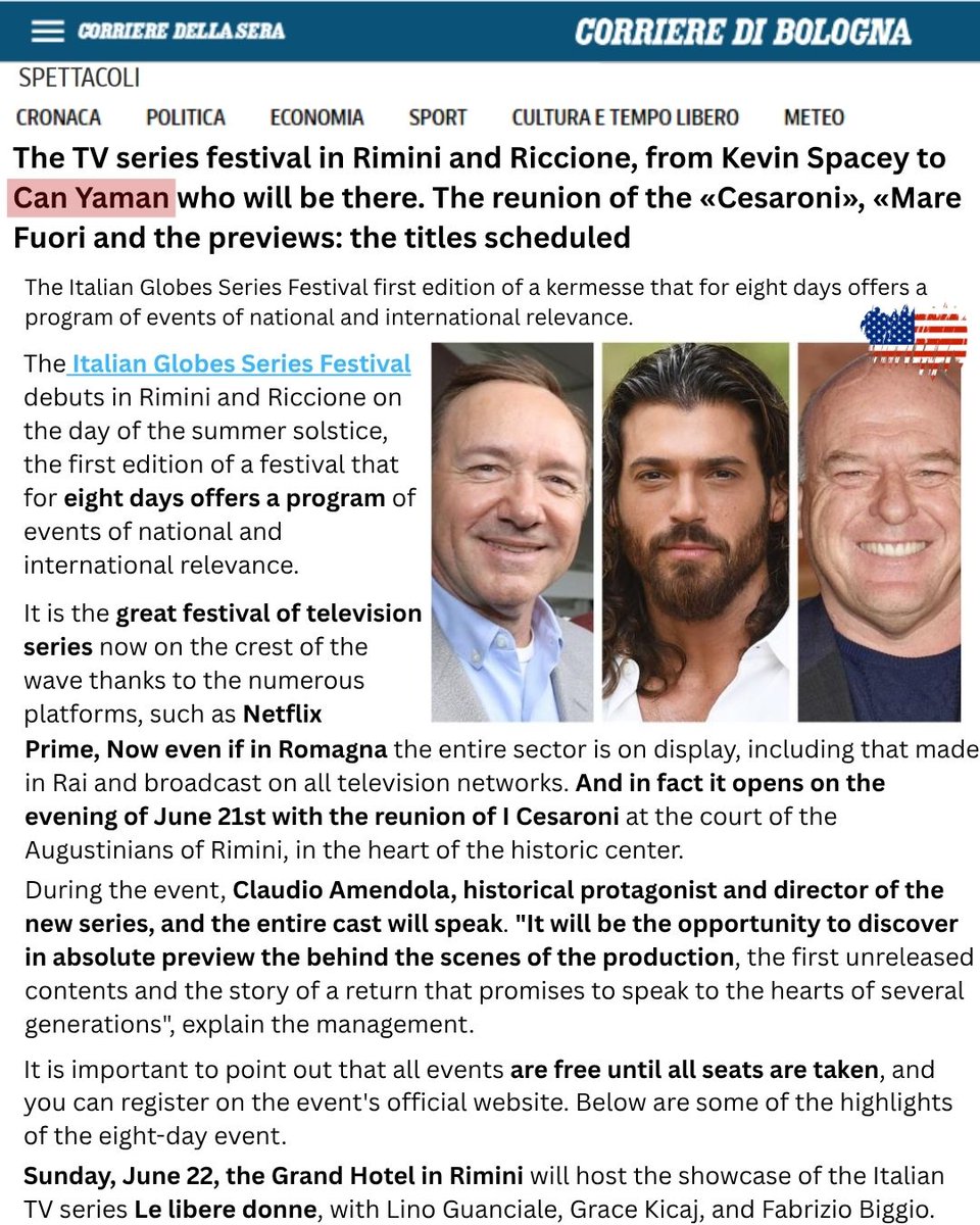 From Kevin Spacey to #CanYaman  – they will also be part of the first edition of the Italian Globe Series Festival💥🔥

Source: corrieredibologna.corriere.it