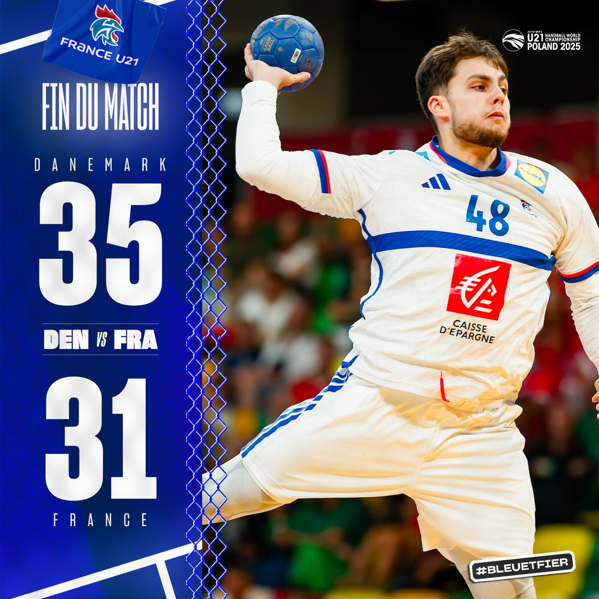 Qualification pour le tour principal du Mondial U21 🇫🇷

Pour ce dernier match du tour préliminaire, la France s’est inclinée contre le Danemark après une grosse bataille.

Nos Bleus terminent donc 2ème de la poule et sont qualifiés pour le tour principal 👏