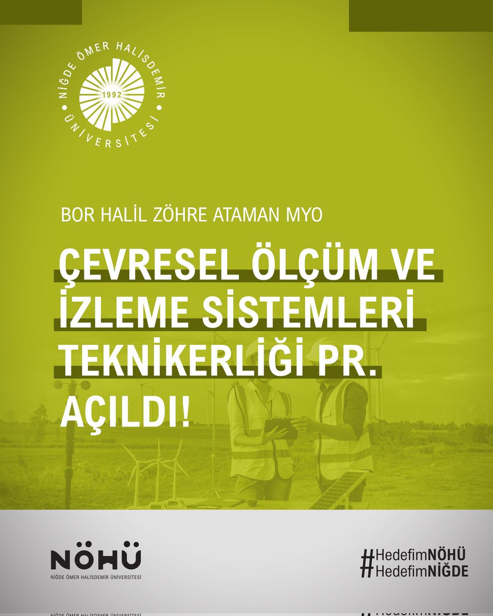 Üniversitemizde Bir Yeni Bölüm Daha🙋🏻‍♂️

#NÖHÜ Bor Halil Zöhre Ataman Meslek Yüksekokulunda Çevresel Ölçüm ve İzleme Teknikerliği Programında, ilgili alanda geleceğin nitelikli ara elemanları yetişecek👷🏻‍♂️

Şehrimize ve Üniversitemize hayırlı olsun.🤲🏻🤗

#Niğde