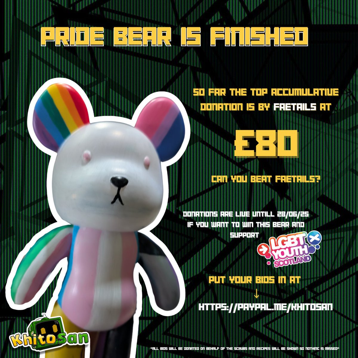Scrub the Pride bear is complete 
Donations run until 28th of June can you beat <a href="/Faetalis_/">Faetalis - Tech House Gremlin</a> donations?

All donations will go to lgbt youth scotland  Hopefully we can change some lives in this weird part of the internet! 

#pridemonth🌈 #lgbtqia #lgbtyouthscotland  #charityevent