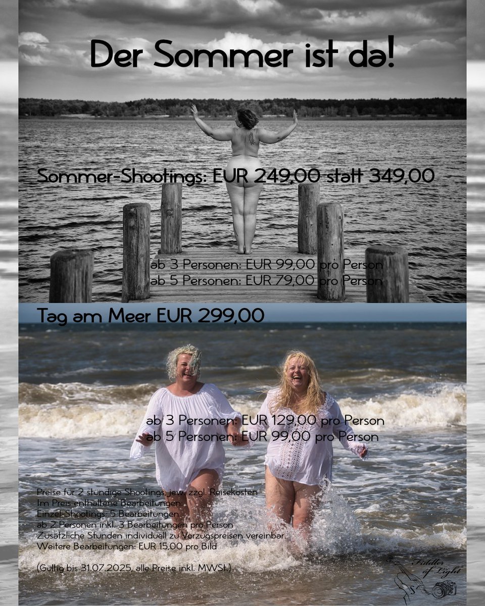 OfFiddler's tweet photo. Der Sommer ist da!
Und nach einem Frühling voller Ausstellungen und Projekte ist wieder mehr Zeit für Shootings...
Das feiern wir direkt mit Sonderangeboten!
(gültig bis 31.07.2025)
#sommer2025 #sommershootings #tagammeer https://t.co/XmO8LYl8dh