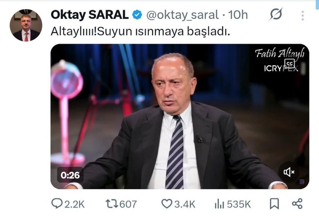 Furkan Şahin (@furkaansahinnn) on Twitter photo Cumhurbaşkanı Başdanışmanı Oktay Saral, Fatih Altaylı sabah tehdit etti ve Fatih Altaylı az önce gözaltına alındı.
Türkiye köklü bir hukuk devleti midir? <a href="/yilmaztunc/">Yılmaz TUNÇ</a> Cumhurbaşkanı Başdanışmanı Oktay Saral, Fatih Altaylı sabah tehdit etti ve Fatih Altaylı az önce gözaltına alındı.
Türkiye köklü bir hukuk devleti midir? <a href="/yilmaztunc/">Yılmaz TUNÇ</a>