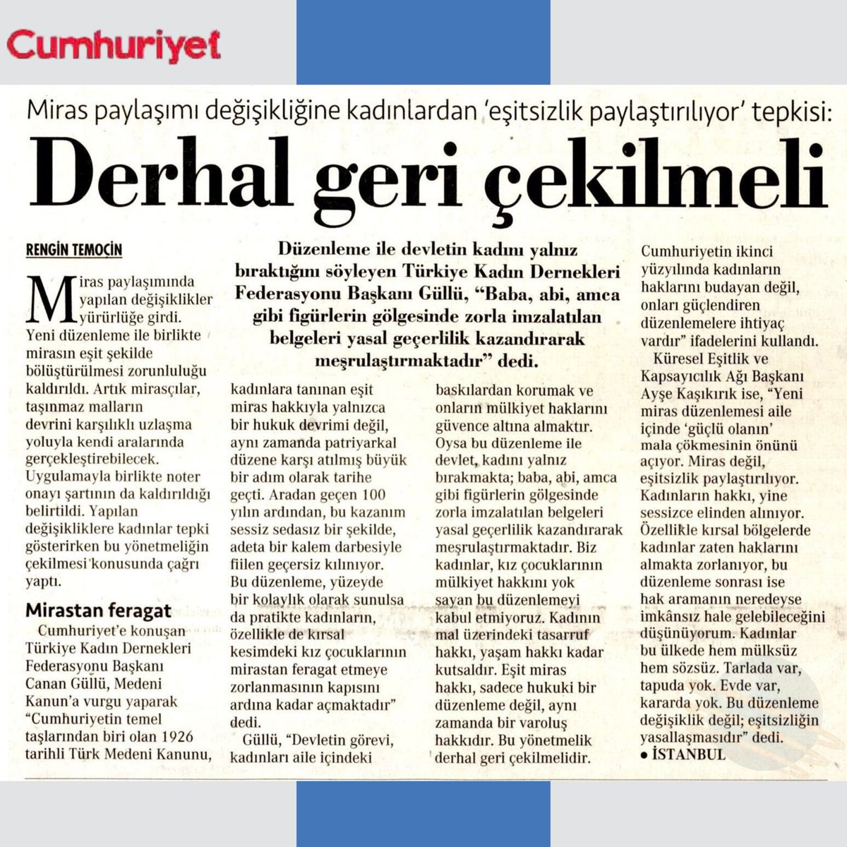 ✏️ Bugün <a href="/cumhuriyetgzt/">Cumhuriyet</a>’sinde, miras paylaşımına ilişkin yapılan yasal değişikliğe dair görüşlerime yer verildi. 

📝 Kadınların müzakere gücünü zayıflatacak bu düzenlemenin eşitsizliği derinleştirme riski taşıdığını vurguladım.

<a href="/rrenginnn/">Rengin Temoçin</a>  <a href="/MorMerdivenAgi/">Mor Merdiven</a> <a href="/kureselesitlik/">Küresel Eşitlik ve Kapsayıcılık Ağı (Derneği)</a>