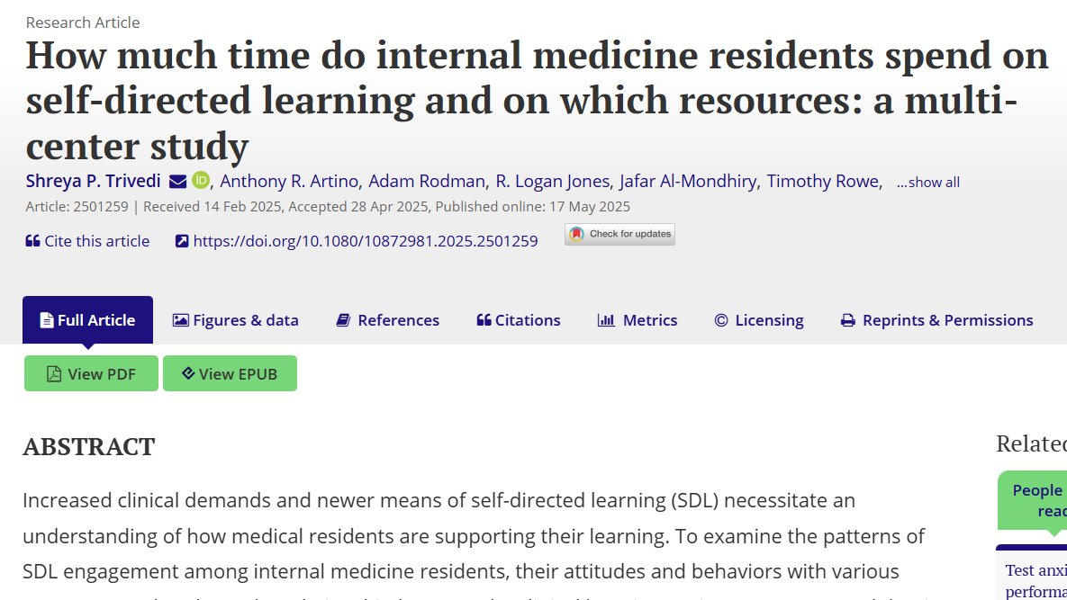 mededdoc's tweet image. 📚 IM residents report spending 10–18 hrs/week on self-directed learning (SDL), w/ seniors leaning into podcasts over textbooks.🩺Despite high clinical demands, SDL remains a core part of training. Time for educators to support it better. #MedEd #GME #IM
tandfonline.com/doi/full/10.10…