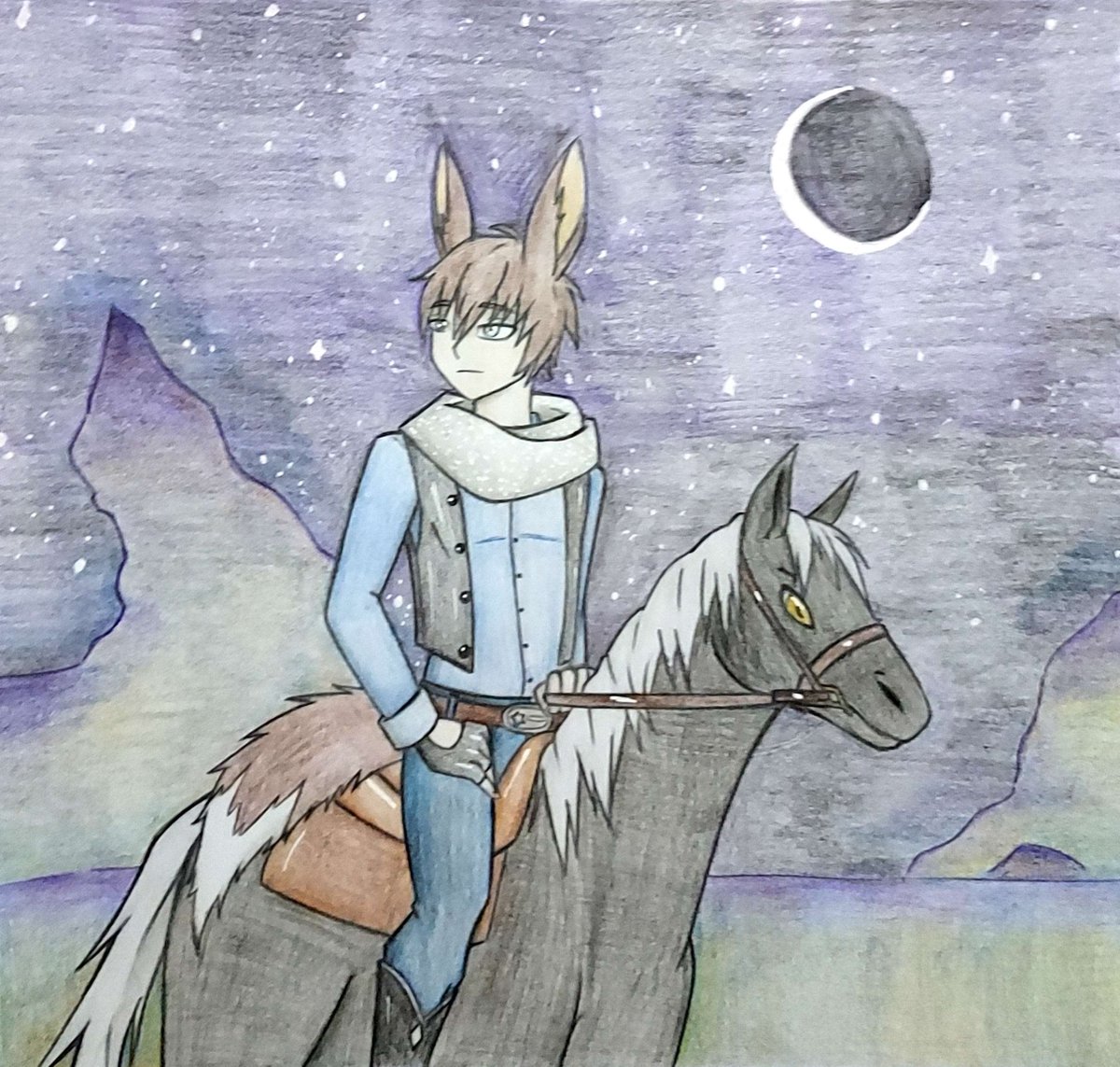 I once again took part in this year's #HubWorld2025Skins 🩵This is my #HubWestern art that I made~ I like the sparkly scarf. It very shiny. And no, the horse doesn't have a name, I still need to figure that out.