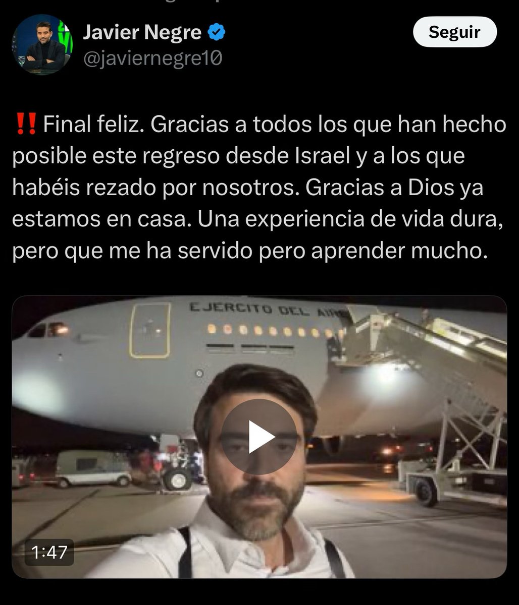 Cuando Javier Negre dice "Gracias a todos los que han hecho posible este regreso" lo que realmente quiere decir es "gracias, gobierno de España".

No lo dice porque es un infraser. Pero lo sabe.