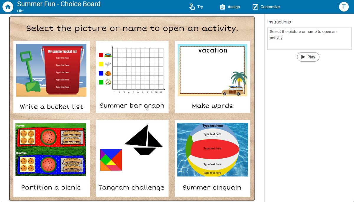 Share the URL to this summer-themed #Wixie choice board with your students to encourage them to continue building math and literacy skills over the break. 

🌞 Get started here: 

wixie.com/o181282&edit=r…