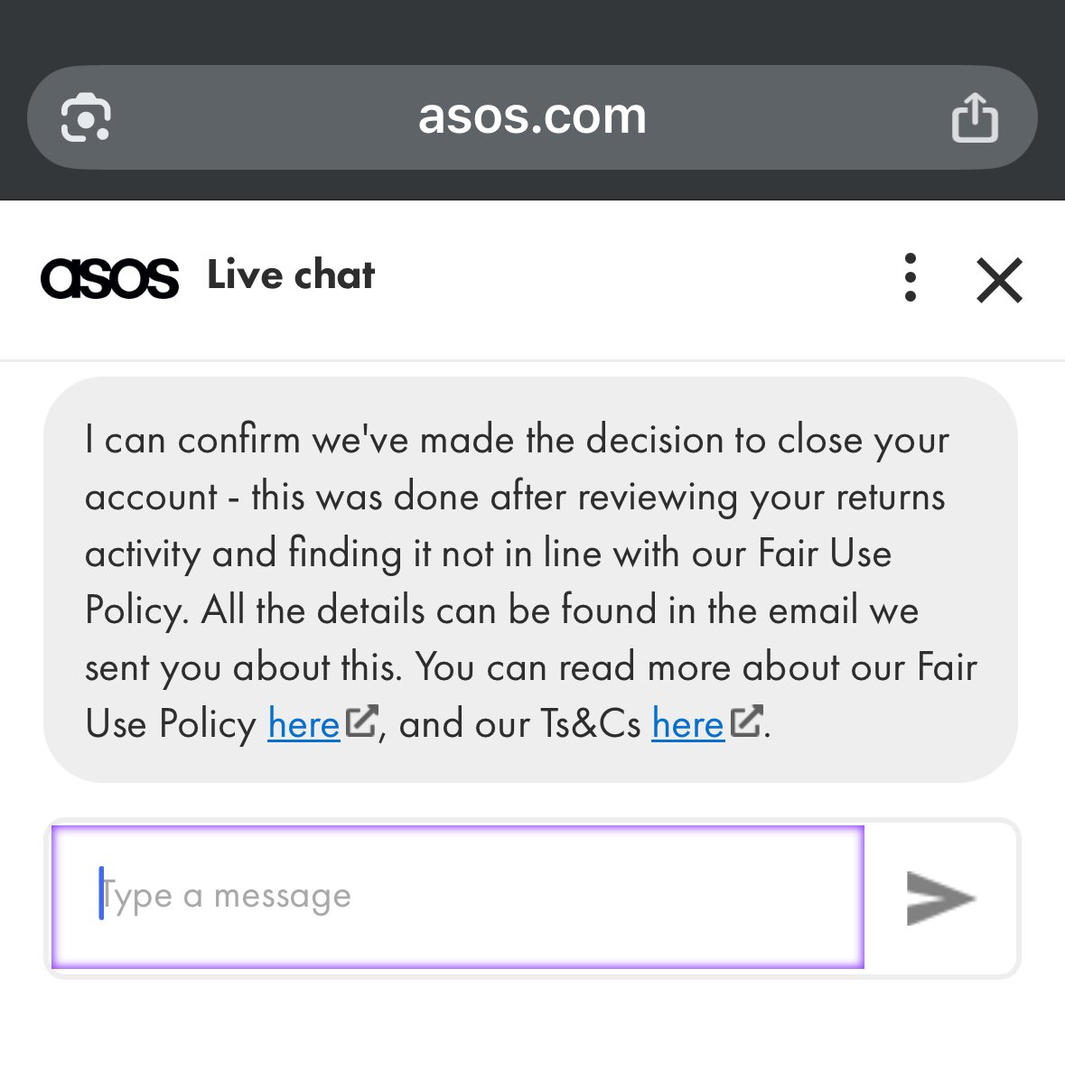 GayleStephen2's tweet image. So my asos account which I hardly ever use has been closed as I was not in line with their fair use policy. Maybe I didnβt use it enough π€·πΌββοΈ. Daughters also closed, couriers will be a lot quieter π€£