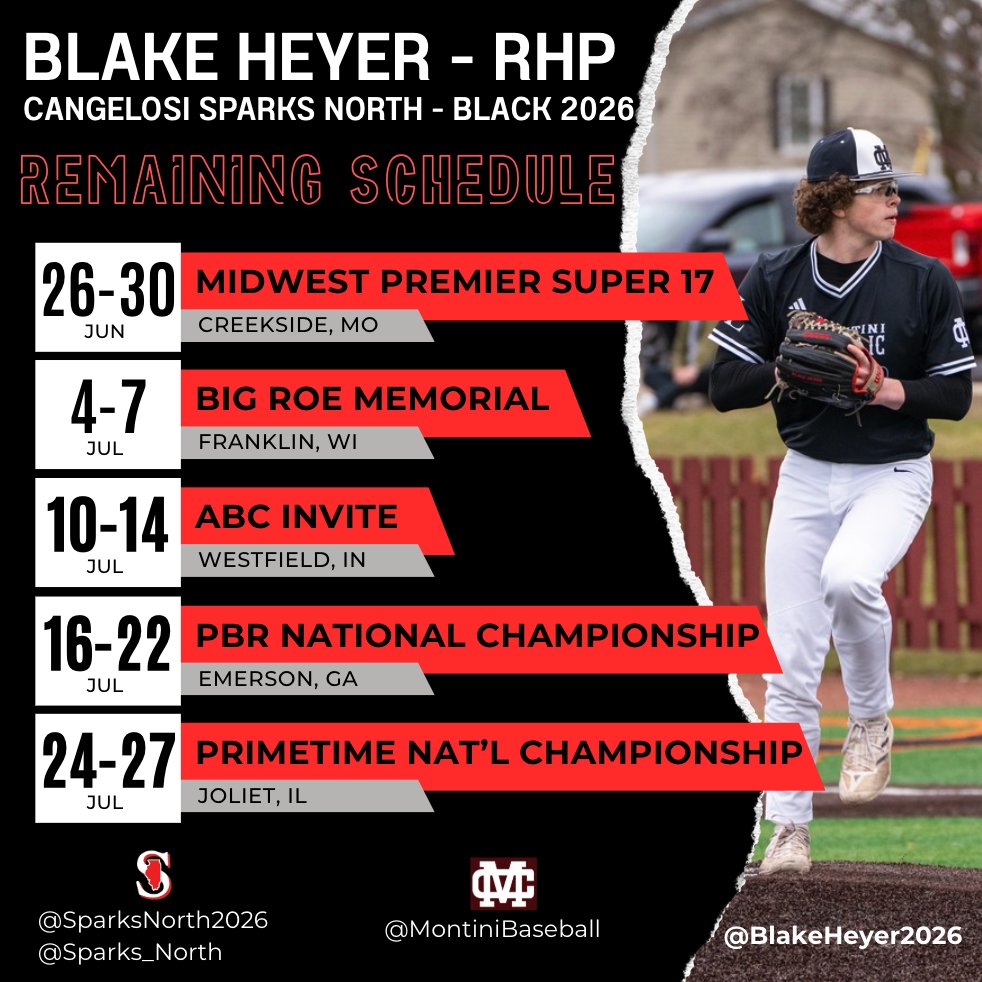 Blake Heyer (@blakeheyer2026) on Twitter photo Here is my schedule for the remainder of the summer with Cangelosi Sparks North - Black 17U.
<a href="/SparksNorth2026/">Cangelosi Sparks North Black 17U</a> <a href="/Sparks_North/">Cangelosi Sparks North</a> <a href="/montinibaseball/">Montini Catholic Baseball</a> <a href="/FlatgroundApp/">FLATGROUND Pitching</a> Here is my schedule for the remainder of the summer with Cangelosi Sparks North - Black 17U.
<a href="/SparksNorth2026/">Cangelosi Sparks North Black 17U</a> <a href="/Sparks_North/">Cangelosi Sparks North</a> <a href="/montinibaseball/">Montini Catholic Baseball</a> <a href="/FlatgroundApp/">FLATGROUND Pitching</a>