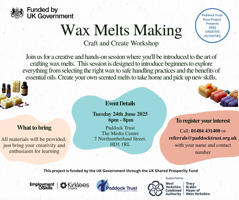 ✨ Be Part of PACE: Explore Your Creative Side! ✨

🌸 Join for a Wax Melts Workshop!

📅 24th June 2025 6-8pm
📍 The Media Centre, Paddock Trust, 7 Northumberland Street, HD1 1RL
🎟 FREE taster session - limited spaces available!

Contact the provider to secure your spot💬