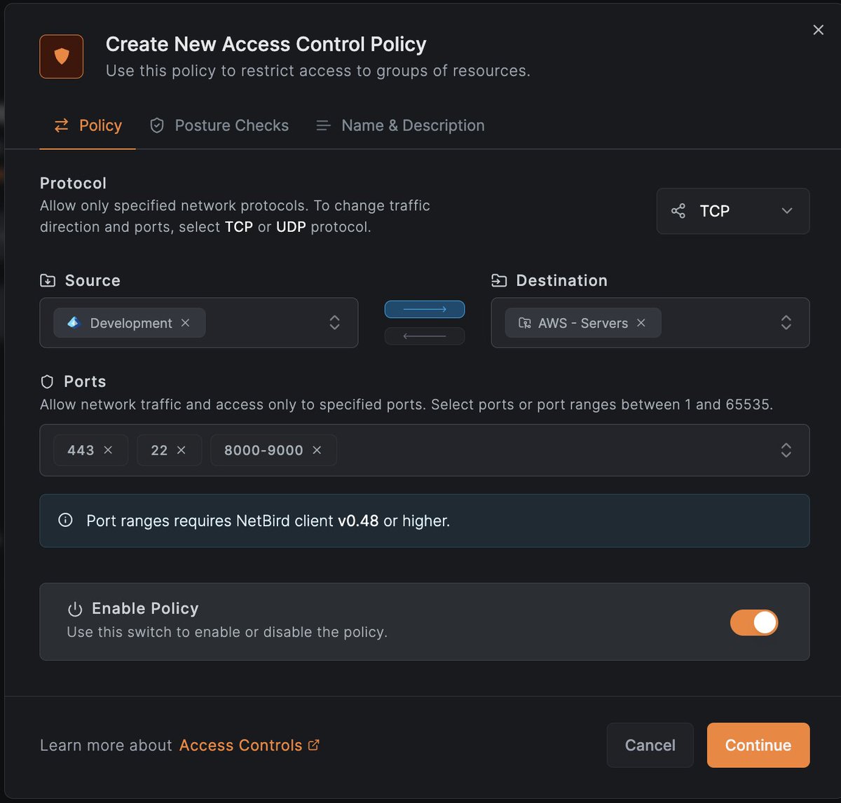 We are excited to announce that NetBird now supports port ranges in access control policies. This feature allows you to specify a range of ports in the format "start-end" when defining access control policies:
netbird.io/knowledge-hub/…