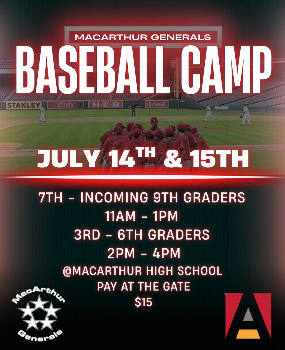 Mark your calendars for our Generals Baseball Camp!
GO BIG RED!!