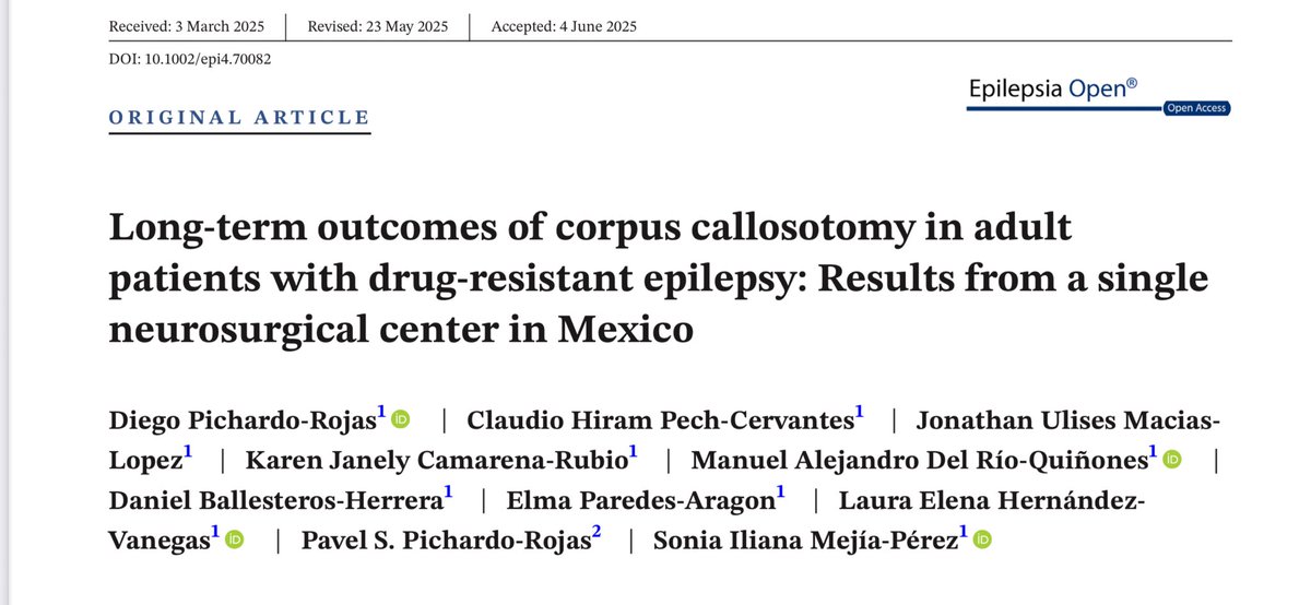 elmaparedes9's tweet image. Check out our long term experience with corpus callosotomy in adults at @INNNMVS. Great job @DiegoPichardoMD!
Open access link: doi.org/10.1002/epi4.7…