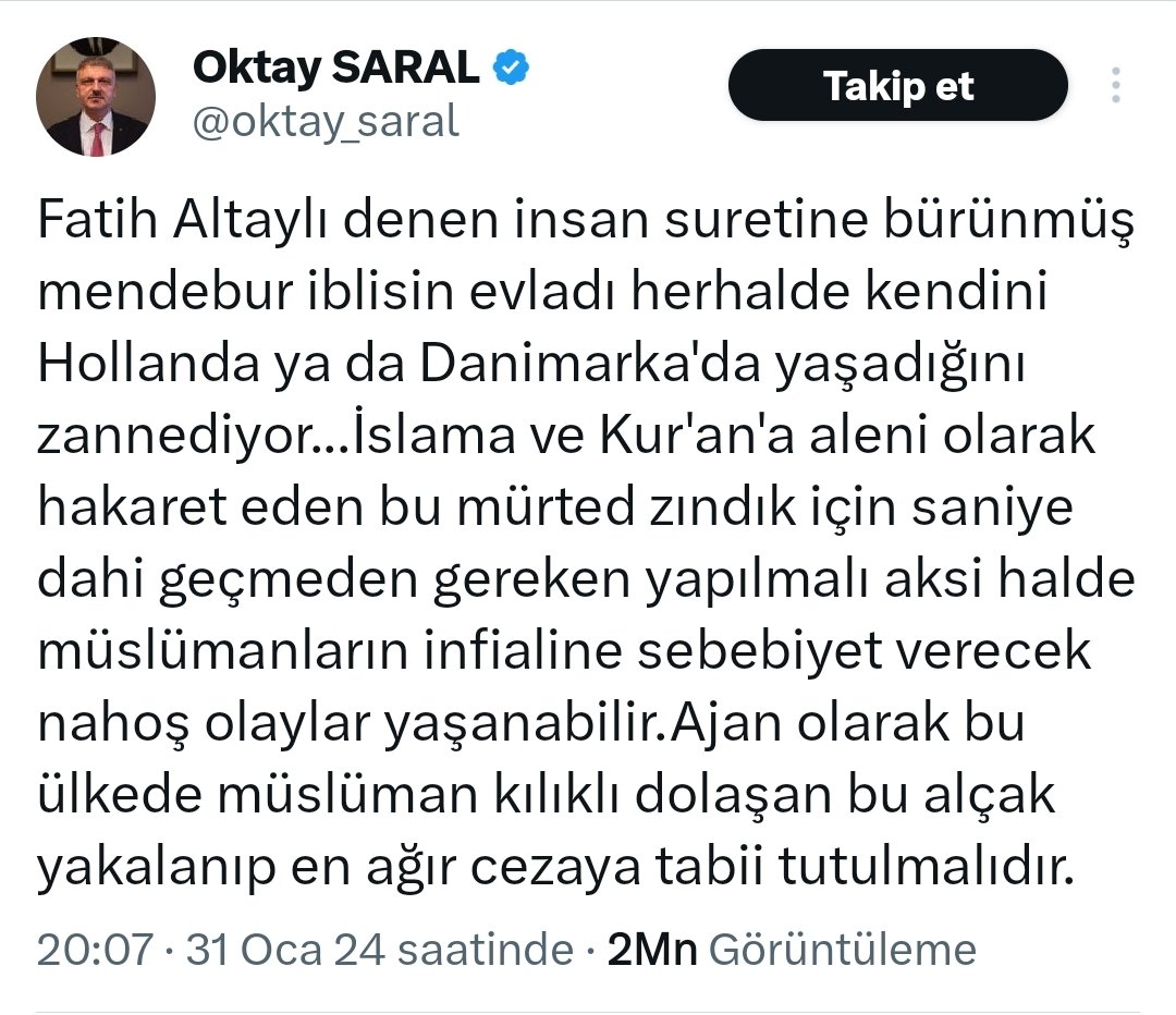 Gazeteci, tarihi vakalardan bahsediyor. Cumhurbaşkanı Başdanışmanı onu açık açık tehdit ediyor. Akşamına gözaltına alıyorlar. 
Dokunulmazlığı olmayan bu şahıs daha önce de Altaylı'ya aleni olarak hakaret etmişti. Hakkında işlem yapıldı mı? Hayır! Yarın çıkar Adalet Bakanı,
