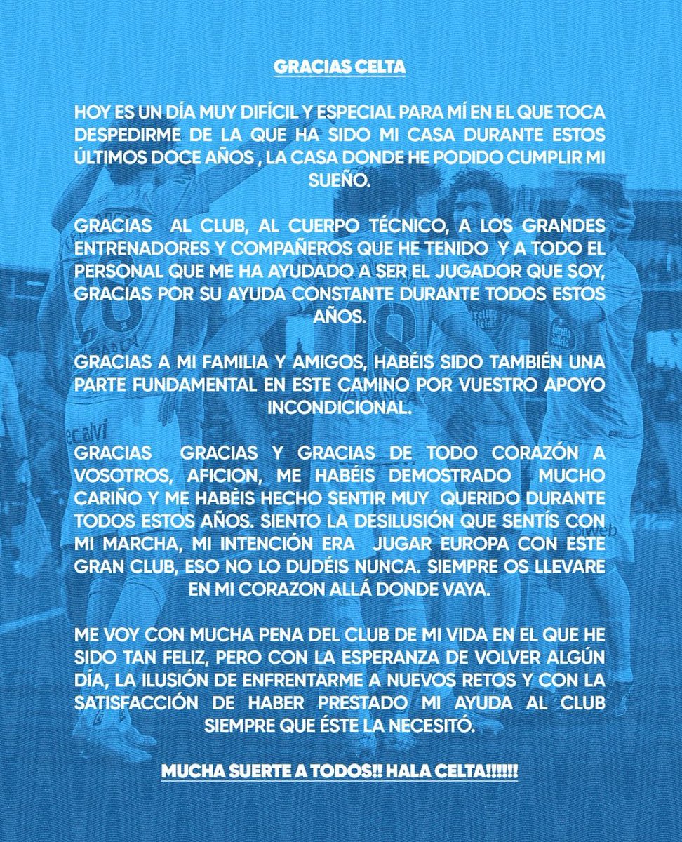 Tiene solo 21 años. Fue, es y será celtista. Hoy no está, pero seguro que volverá. Sin rencores ni peros. Sincera despedida de un chaval. Y, no nos olvidemos, deja 25 millones de euros en caja para seguir construyendo el EuroCelta. Volverá.