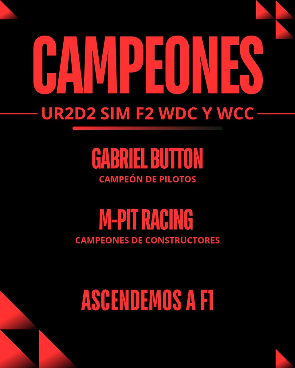 SOMOS CAMPEONES DEL MUNDO

<a href="/gabidc781/">Gabidc33</a> SE CORONA COMO CAMPEÓN DE LA F2 EN LA <a href="/UR2D2_SIM/">Ultimate Racing 2D Simulado</a> 

<a href="/mariorz_/">MarioRZ</a> y <a href="/gabidc781/">Gabidc33</a> NOS HAN CONVERTIDO EN CAMPEONES DE CONSTRUCTORES

NOS VEREMOS LA TEMPORADA QUE VIENE EN LA MÁXIMA CATEGORÍA: LA F1

GRACIAS A TODOS