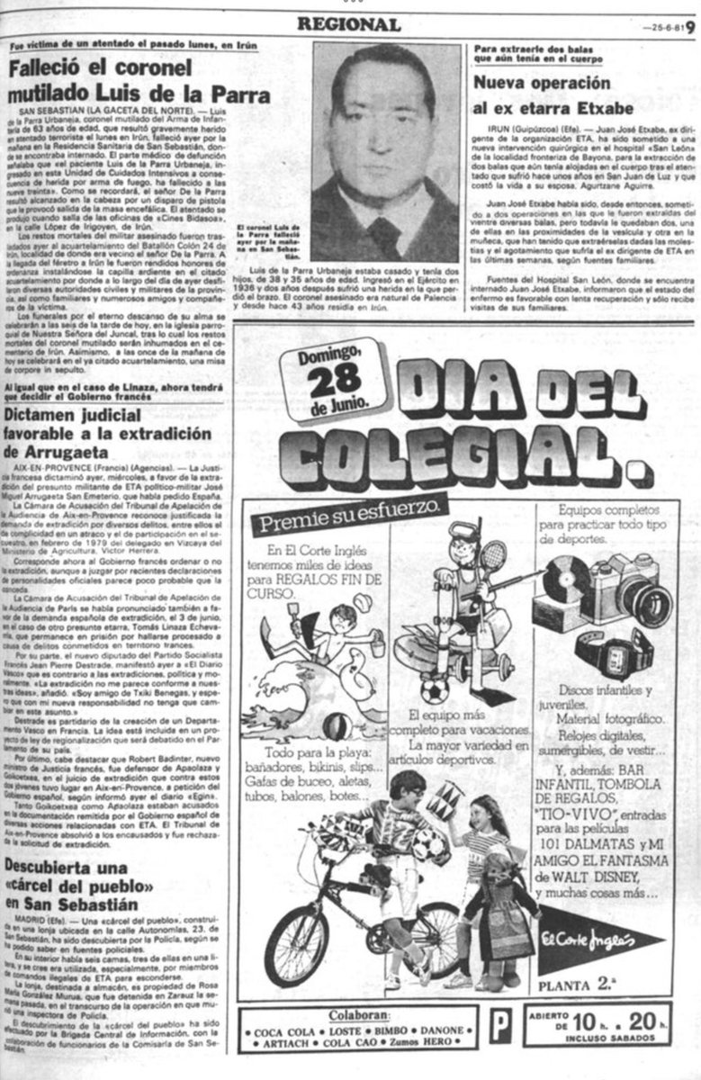 Centro Memorial VT (@memorialvt) on Twitter photo 22/06/1981. Irún. Se cumplen 44 años del atentado de ETA-m contra el contable y coronel mutilado de Infantería <a href="/EjercitoTierra/">Ejército de Tierra 🇪🇸</a> LUIS DE LA PARRA URBANEJA. Falleció dos días después. Le dispararon dos tiros de pistola a bocajarro, aunque sólo uno alcanzó a la víctima. 22/06/1981. Irún. Se cumplen 44 años del atentado de ETA-m contra el contable y coronel mutilado de Infantería <a href="/EjercitoTierra/">Ejército de Tierra 🇪🇸</a> LUIS DE LA PARRA URBANEJA. Falleció dos días después. Le dispararon dos tiros de pistola a bocajarro, aunque sólo uno alcanzó a la víctima.